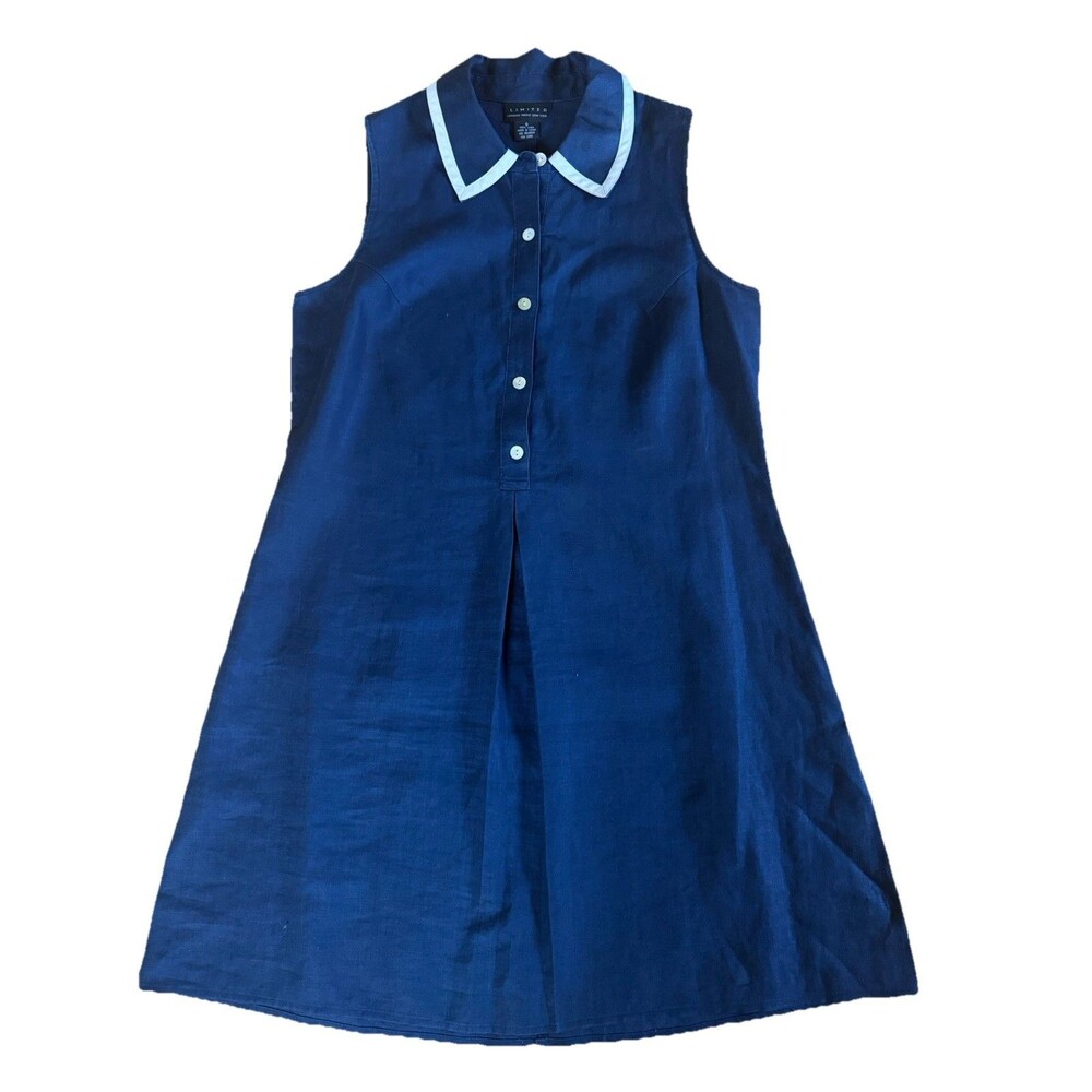 Limited 100% Linen Sleeveless Shirt Dress Navy Blue Small Collared Midi Button - Picture 1 of 8